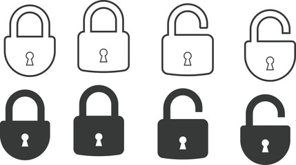 set of open and close padlock line and flat icon. collection of locked and unlocked lock on transparent background. Group Security symbol for your web site design, logo, app. safety protection