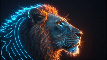 Naklejka premium Majestic Lion Head Profile with Neon Blue and Orange Accents animal