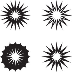 Starburst and Sunburst Geometric Y2K Vector Shapes Set. Minimalist Black Sparkle Icons. Y2K Style Designs. Badges, Labels, Explosions, Highlights, Retro Graphics, Comic Effects, Stickers, and Logos.