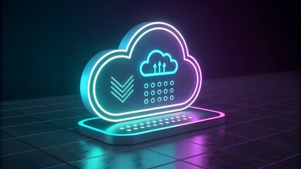 Neon cloud icon with upload and download arrows on dark background data storage