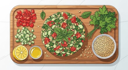 Preparation of fresh grain salad ingredients displayed on a wooden cutting board from a top view