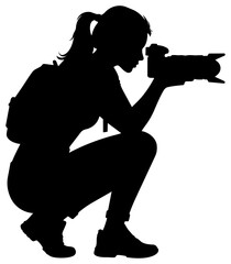 Female Photographer Silhouette with Backpack, Holding Camera Isolated on Transparent Background