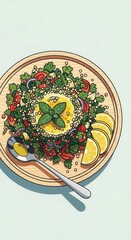 Fresh grain salad with herbs and citrus served on a wooden plate illustration