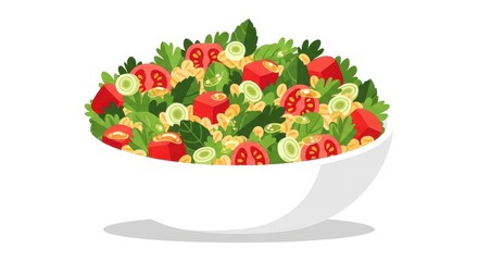 Fresh garden vegetables and grains are presented in a crisp white serving dish