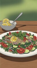 Colorful grain salad mixture rests upon a wooden surface next to a bowl of citrus wedges