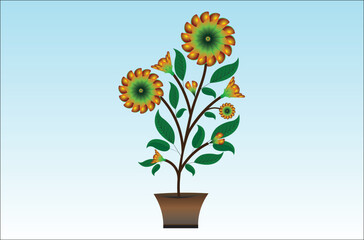 Decorative potted flower plants with green leaves vector illustration.