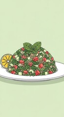 Freshly prepared grain salad featuring diced vegetables and fresh herbs rests on a white plate