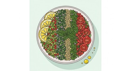 Overhead view illustrates a colorful grain and vegetable salad composition in a round dish