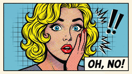 Pop Art Woman With Blonde Hair Exclaiming Oh No With Hand On Cheek shocked surprise