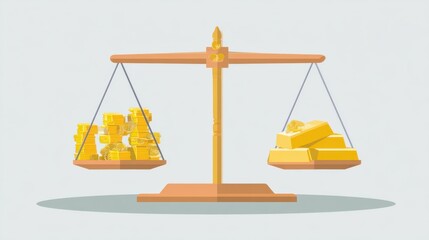 Balance Scale Weighing Gold Coins and Gold Bars