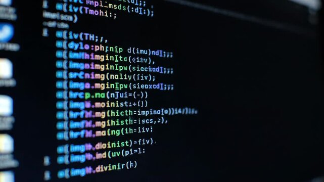 Detailed close up of computer code on a dark screen with blue and yellow text on black background.