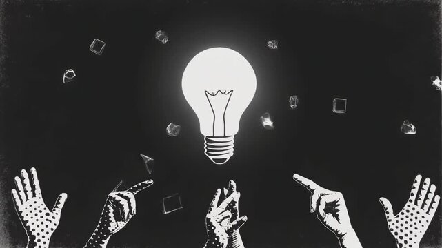 Multiple stylized hands reaching towards a glowing light bulb with abstract shapes scattered around on a dark background