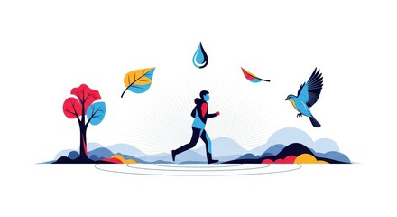 Active person running outdoors amidst elements of nature like foliage, a bird, and water