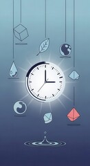 Illuminated analog clock governs the descent of various elemental and geometric shapes