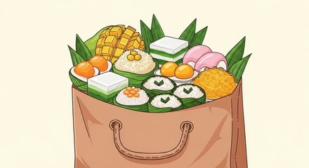 Assortment of colorful, traditional baked goods and fruit are packed inside a simple brown carry bag