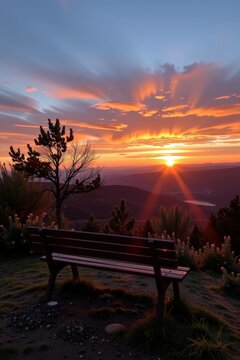 A solitary bench on a hill overlooking a valley at sundown