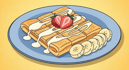 Stacked pieces of sweetened bread topped with white glaze, sliced strawberries, and banana segments served on a blue plate.