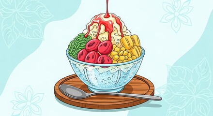 Colorful shaved ice dessert beverage features various fruit and jelly toppings presented in a clear bowl