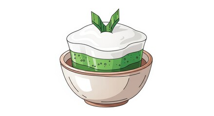 Traditional layered dessert featuring green custard and coconut cream topping served in a small ceramic bowl
