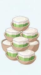Stack of sweet layered steamed rice cakes served in small bowls against a pale background