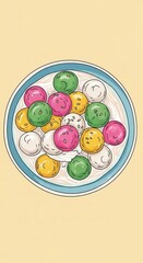 Colorful sweet rice balls float in a white liquid within a blue rimmed bowl.