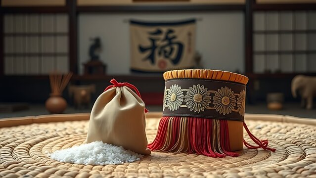 dohyo. Salt pouch and decorative belt on a sumo ring, traditional Japanese elements, ceremonial arrangement. event key visuals.