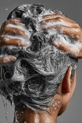 Naklejka premium a young woman's hands wash her hair in the bathroom, applying shampoo foam to her head,