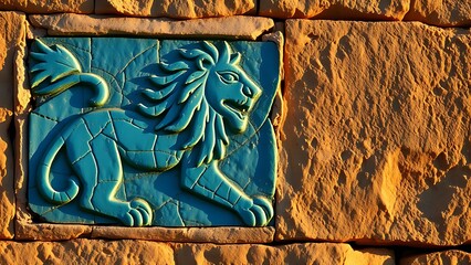 babylonian. Ancient Babylonian wall fragment with a blue glazed brick lion relief. event programs, museum guides, designed for cultural heritage projects and event programs, preserves heritage.