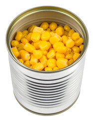 Open Metal Can with Sweet Corn Inside - Canned Vegetable Top View
