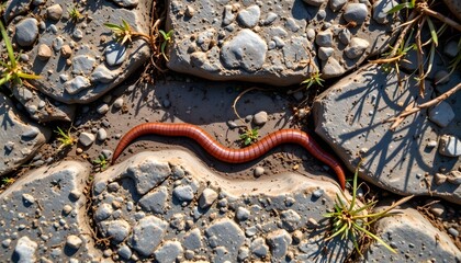 The image features a reddish brown segmented worm moving across a rocky terrain