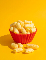 Cheese Puff Snacks Overflowing from Red Container on Yellow
