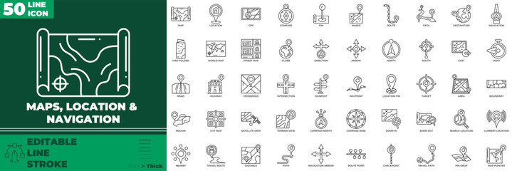 Maps Location And Navigation Line Editable Icons set