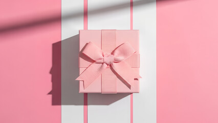 Pink gift box with bow ribbon on a pastel striped background for celebration. Banner template for  birthday, anniversary, gift giving concept. Minimalist design with copy space.