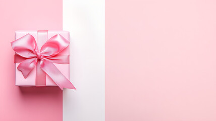 Pink gift box with bow ribbon on a pastel striped background for celebration. Banner template for  birthday, anniversary, gift giving concept. Minimalist design with copy space.