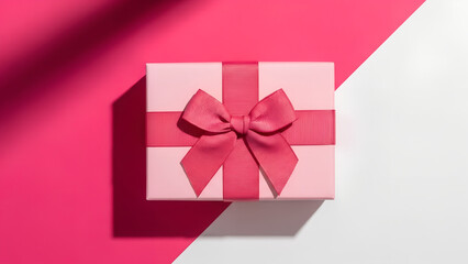 Pink gift box with bow ribbon on a pink and white background for celebration. Banner template for  birthday, anniversary, gift giving concept. Minimalist design with copy space.