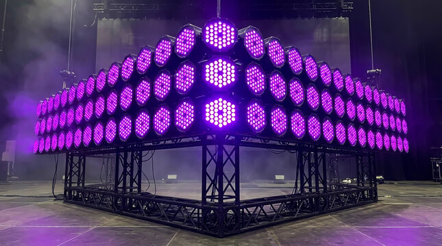 A series of cylindrical lights arranged in a stacked formation. These lights emit a vibrant purple hue and are evenly spaced. - Powered by Adobe