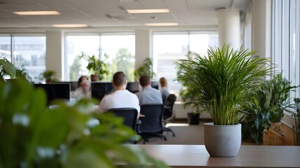 Modern office interior with employees collaborating amidst abundant natural light and indoor plants creating a productive and serene atmosphere