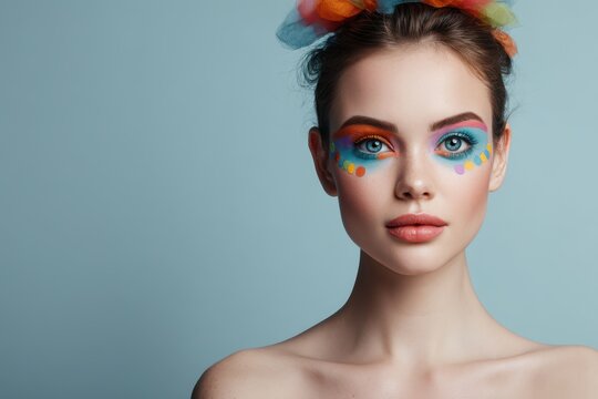 Woman with colorful eye makeup, vibrant orange and blue hues. Hair adorned with multicolored fabric, styled simply. Neutral expression, fair skin, natural lips, artistic portrait