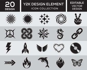 Y2K Design Elements Vector Icon Collection. Set of simple abstract shapes.  20 Minimalist Black Y2K Symbols Bundle. Peace Signs, Dragons, Butterflies, Flaming Hearts, Rockets.