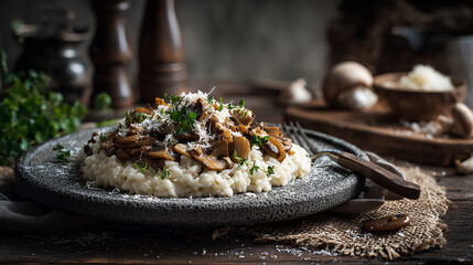Creamy mushroom risotto with velvety arborio rice and saut&eacute;ed wild mushrooms served on stone plate over rustic wooden table in warm cozy light  
