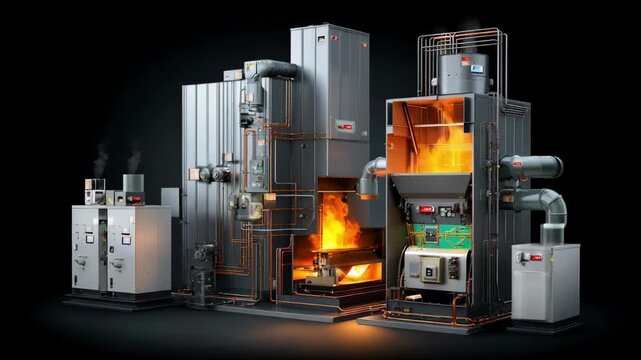 Medium shot of a mixedfuel furnace combining elements of natural gas and biofuel illustrating versatility and innovation in renewable heating solutions