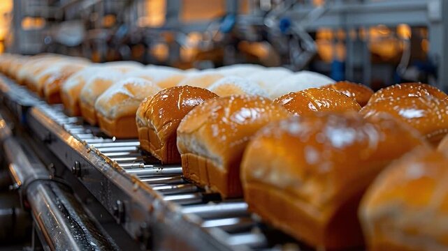 Workers are producing bread loaves in a food facility. The loaves are lined up on a conveyor. This activity takes place during the day in a busy bakery setting