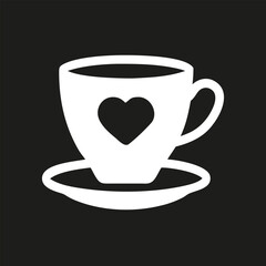 Сoffee cup with heart icon silhouette. White Tea cup logo isolated on black background. Vector illustration