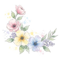 Artistic Watercolor Flower Bouquet with Botanical Leaves on White Background