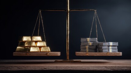 Gold Bars and Money on Weighing Scale