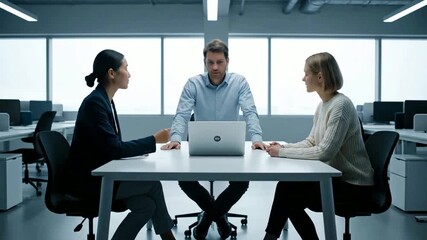 Diverse business professionals collaborate effectively around a laptop in a modern, sleek office environment, discussing strategies and ideas for future growth and projects in a focused meeting