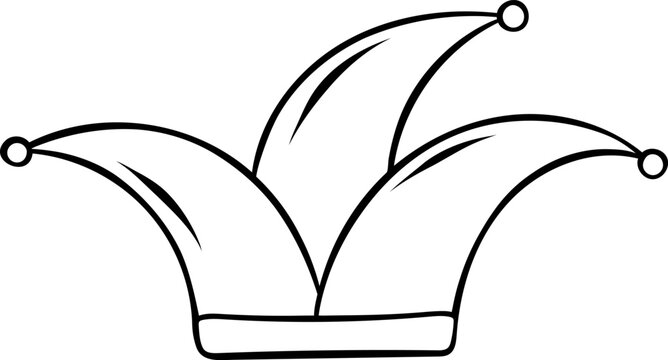 Mardi Gras jester hat icon in doodle sketch style. Minimalist black and white line art for carnival, festival, or comedy theme