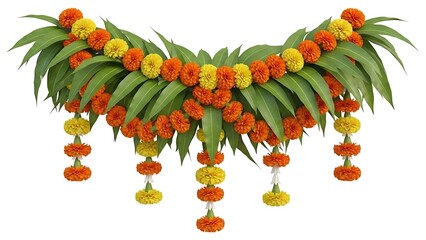 Handmade Look Indian Marigold Toran with Green Leaves for Diwali and Religious Event Decoration