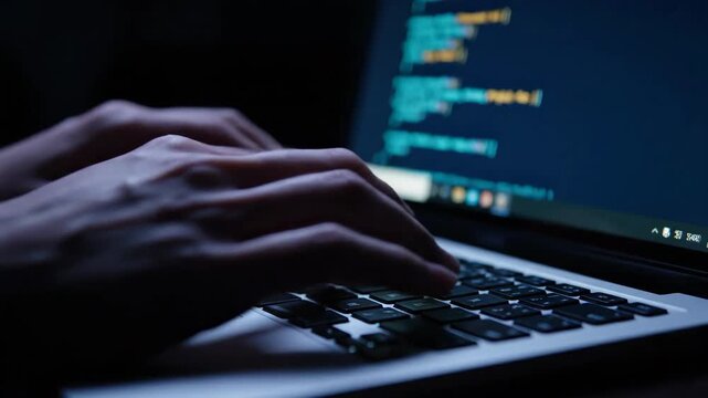 Close up of hands typing code on a laptop screen, illuminated by blue and orange light in a dark room.