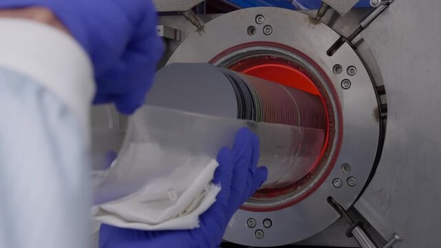 Gloved technician loading a stack of silicon wafers into a heated semiconductor processing chamber in a cleanroom, preparing for thermal treatment in advanced chip fabrication.